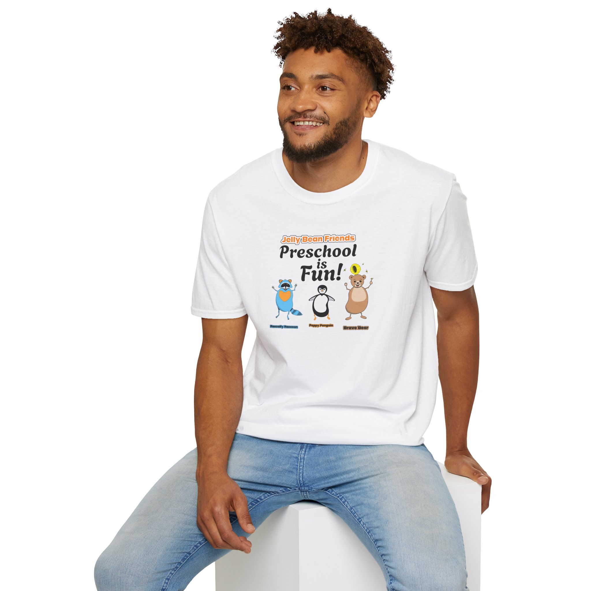 Preschool is Fun! Jelly Bean Friends - Rascally Raccoon, Peppy Penguin & Brave Bear - Unisex Softstyle T-Shirt - Image 9