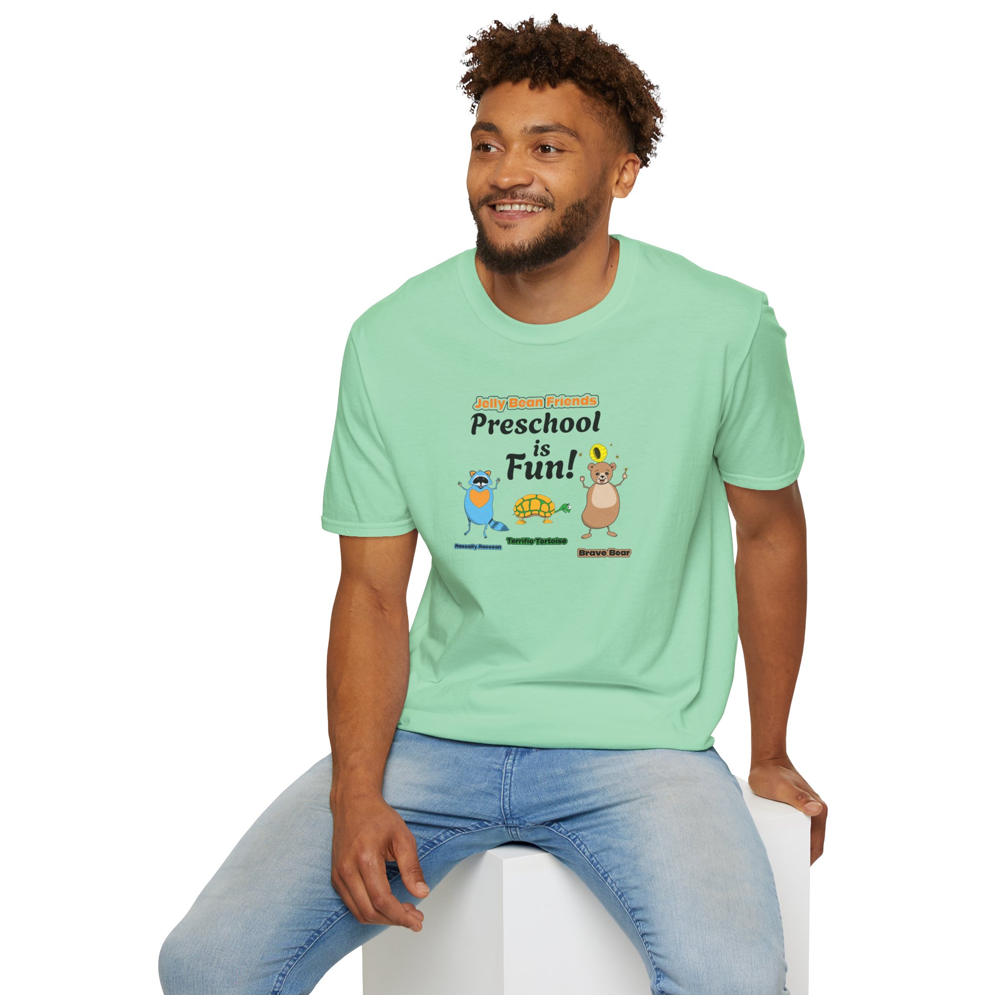 Preschool is Fun! Jelly Bean Friends - Rascally Raccoon, Terrific Tortoise & Brave Bear - Unisex Softstyle T-Shirt - Image 54