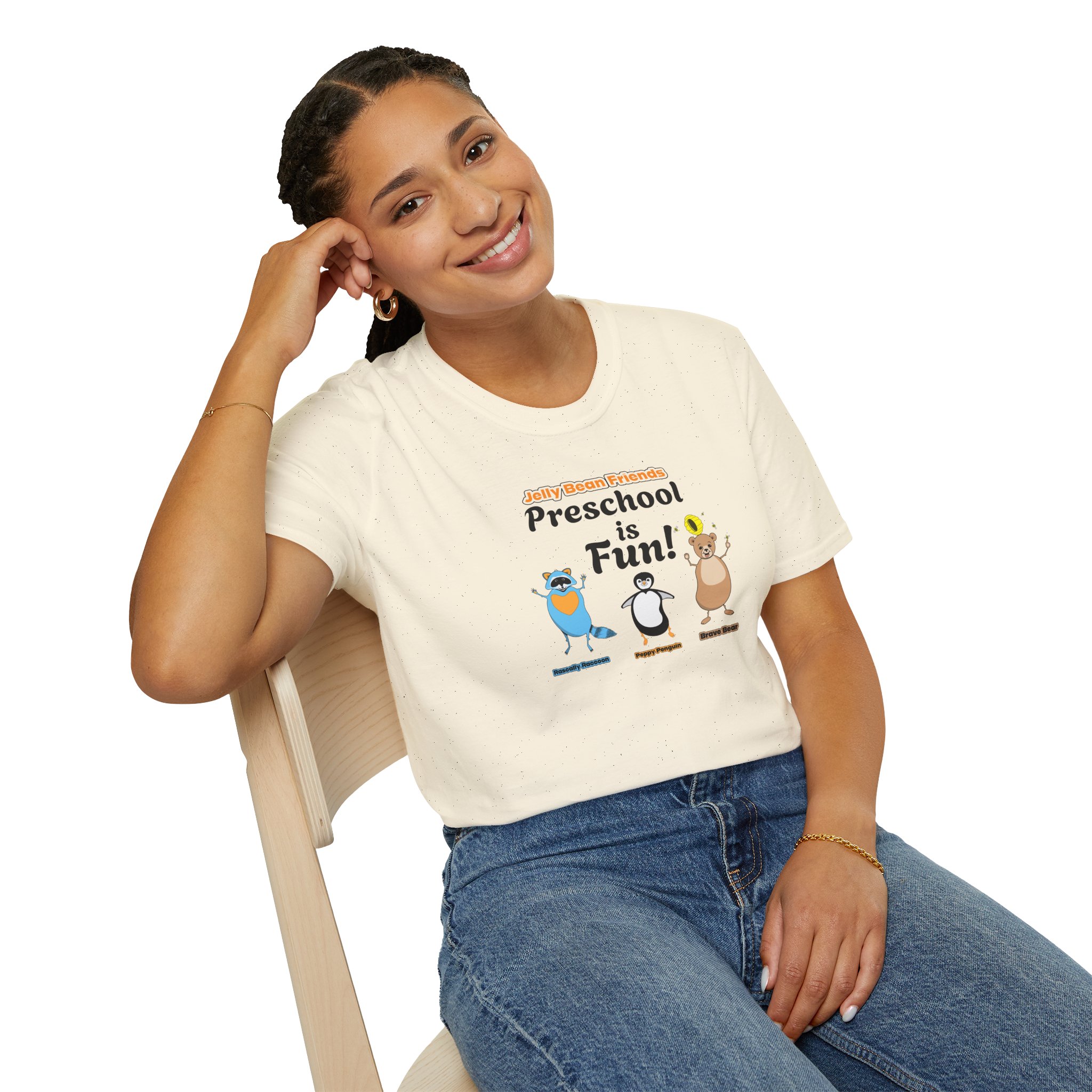 Preschool is Fun! Jelly Bean Friends - Rascally Raccoon, Peppy Penguin & Brave Bear - Unisex Softstyle T-Shirt - Image 35