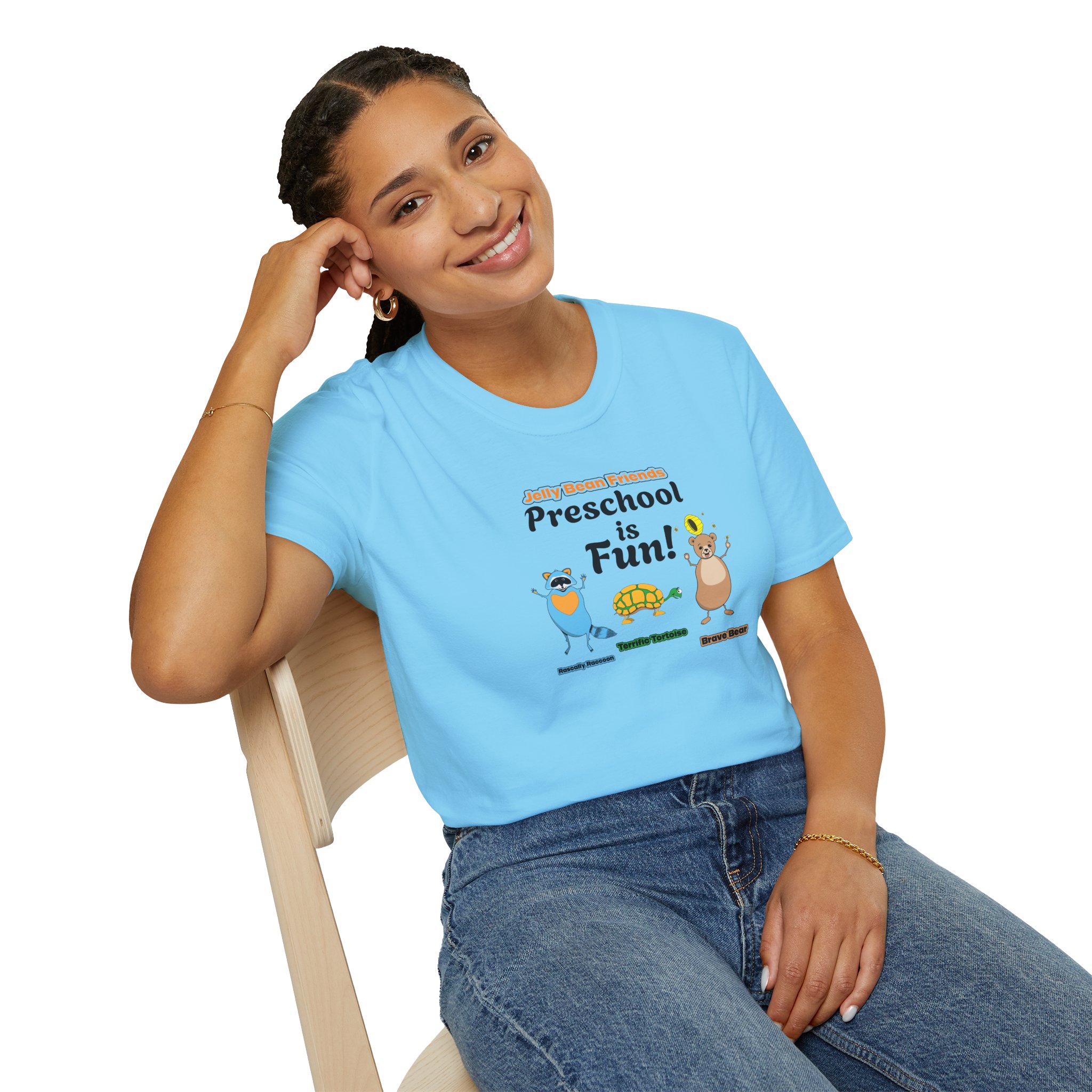 Preschool is Fun! Jelly Bean Friends - Rascally Raccoon, Terrific Tortoise & Brave Bear - Unisex Softstyle T-Shirt - Image 62