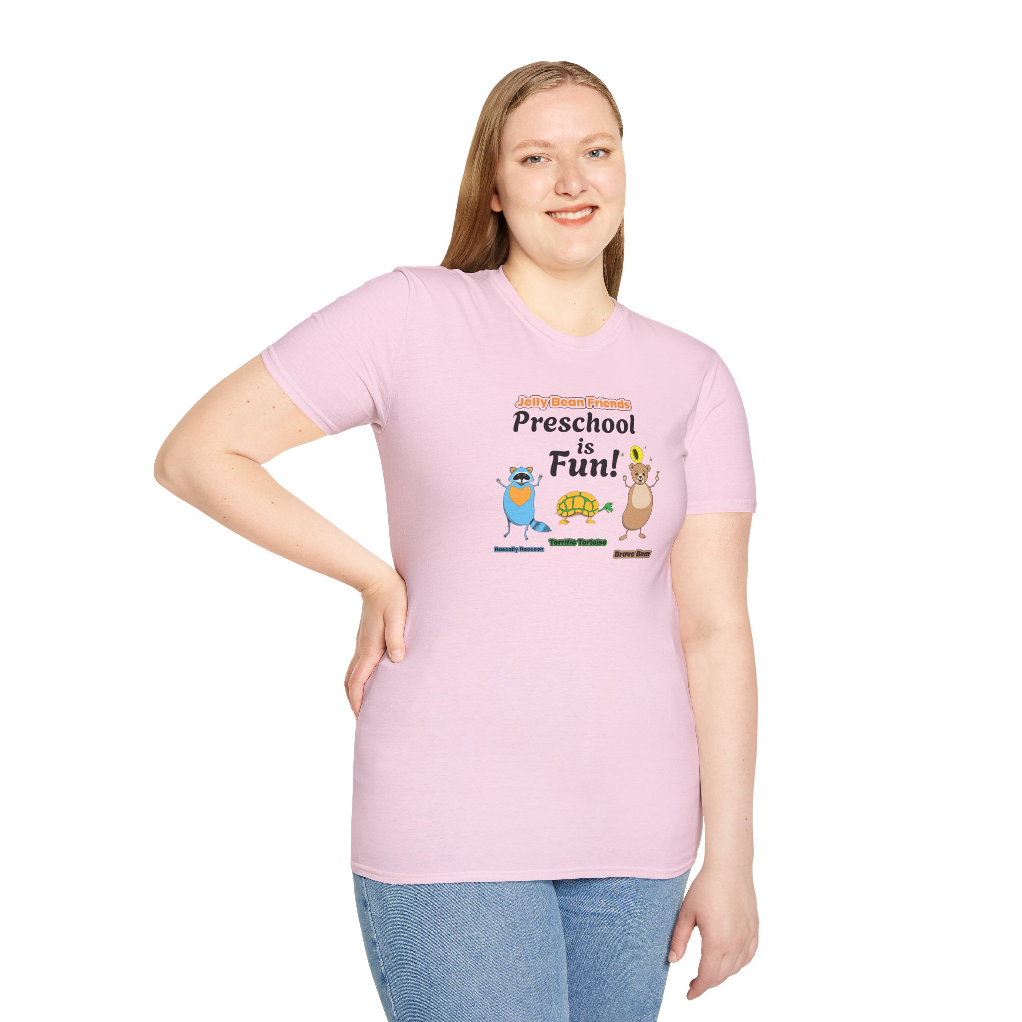 Preschool is Fun! Jelly Bean Friends - Rascally Raccoon, Terrific Tortoise & Brave Bear - Unisex Softstyle T-Shirt - Image 79