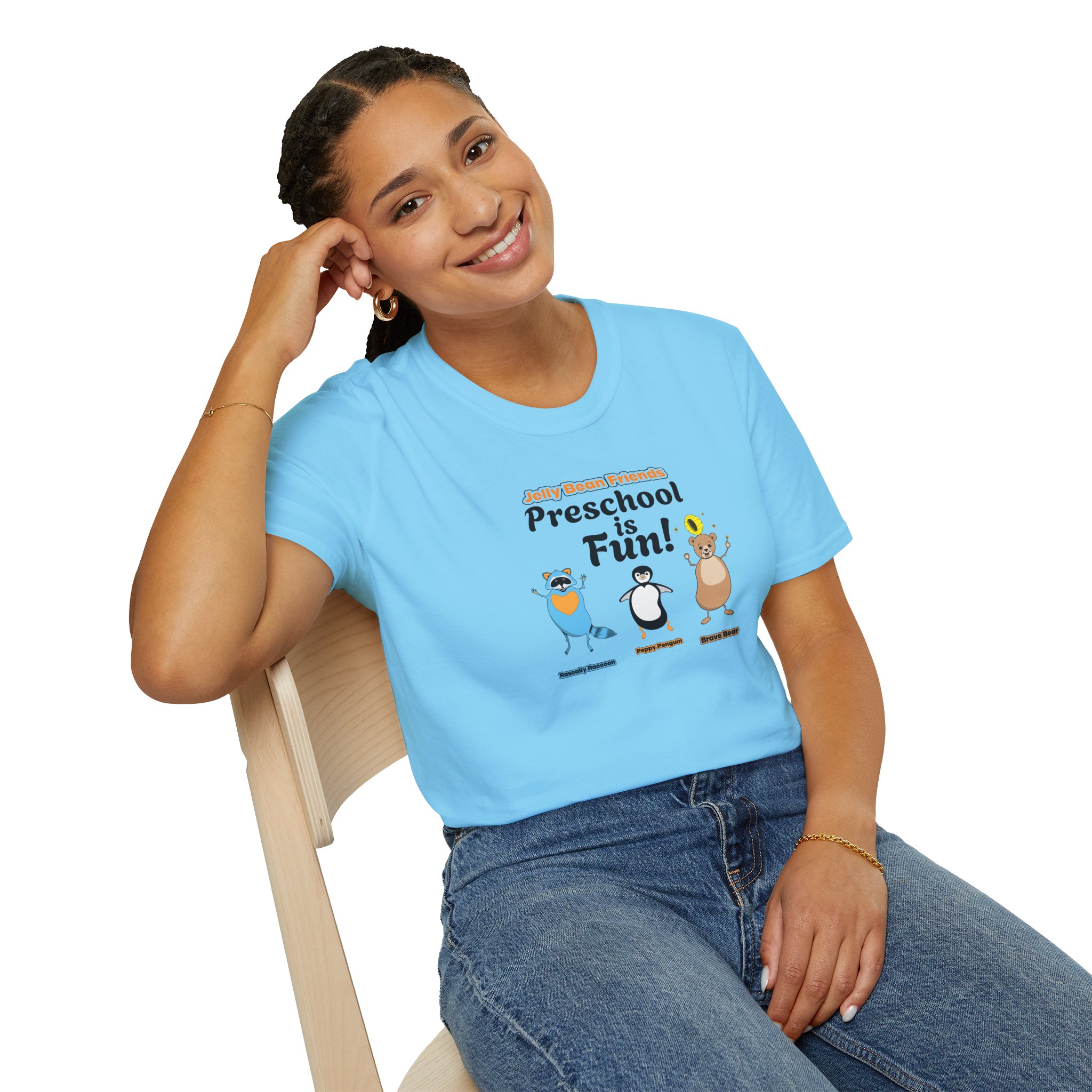 Preschool is Fun! Jelly Bean Friends - Rascally Raccoon, Peppy Penguin & Brave Bear - Unisex Softstyle T-Shirt - Image 62
