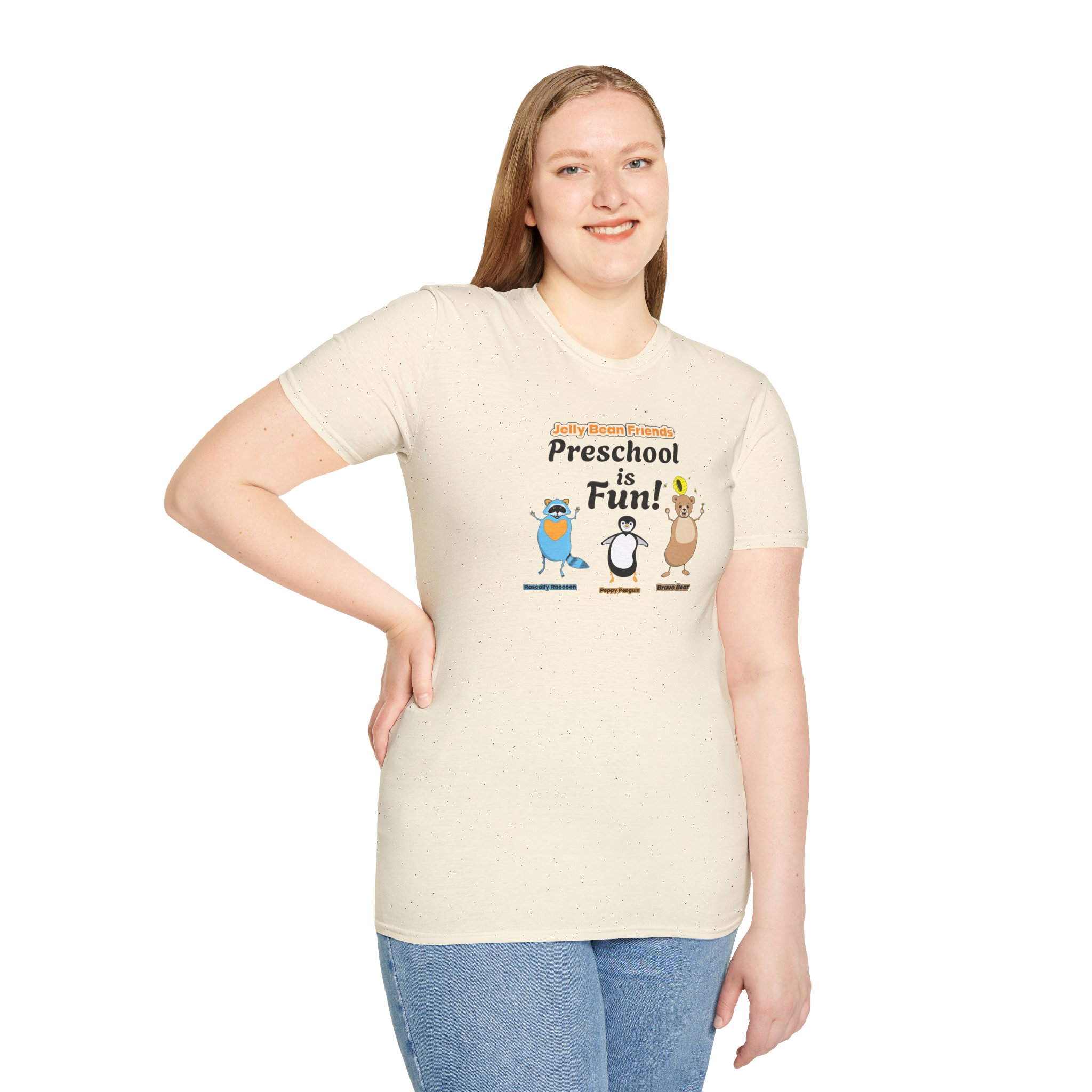 Preschool is Fun! Jelly Bean Friends - Rascally Raccoon, Peppy Penguin & Brave Bear - Unisex Softstyle T-Shirt - Image 34