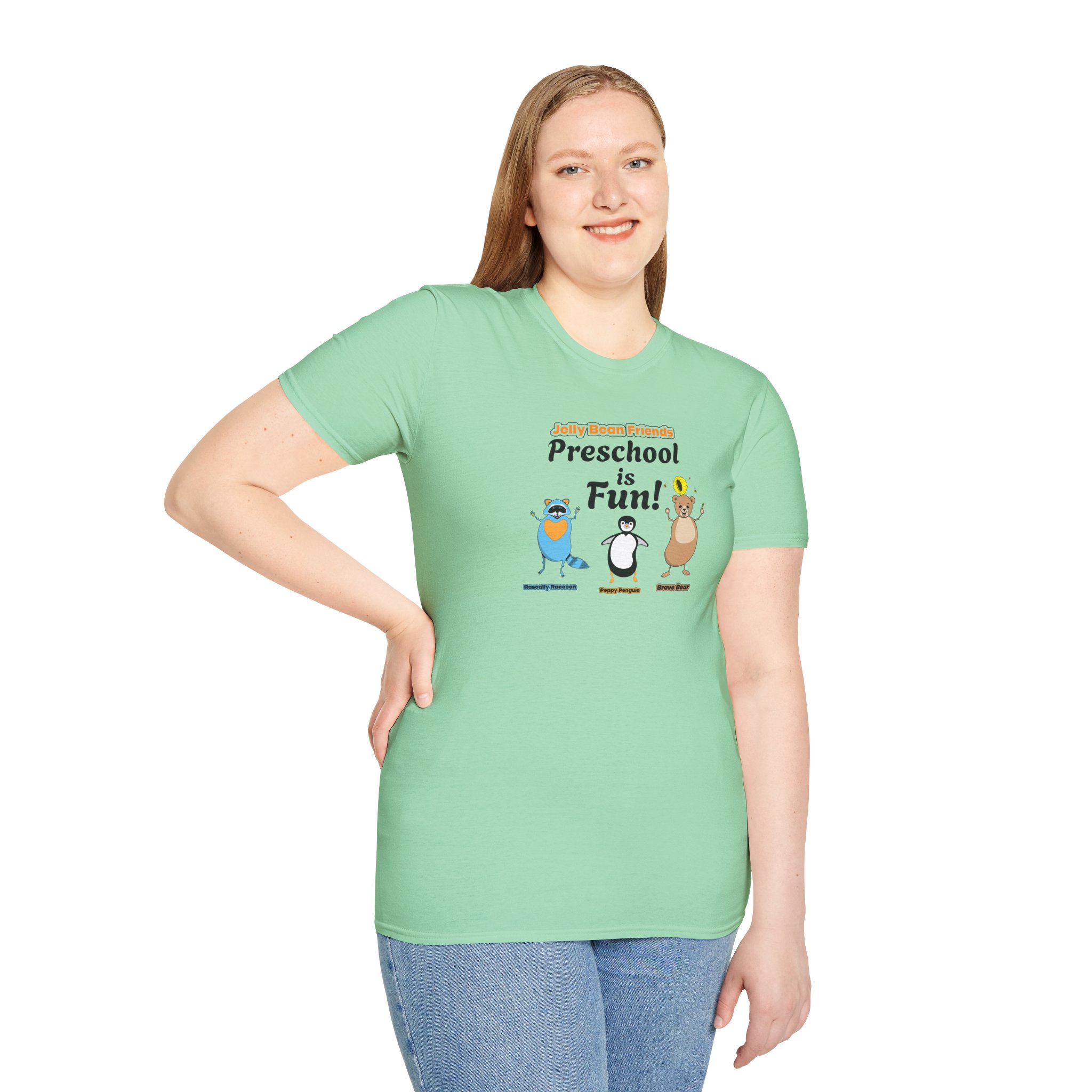 Preschool is Fun! Jelly Bean Friends - Rascally Raccoon, Peppy Penguin & Brave Bear - Unisex Softstyle T-Shirt - Image 52