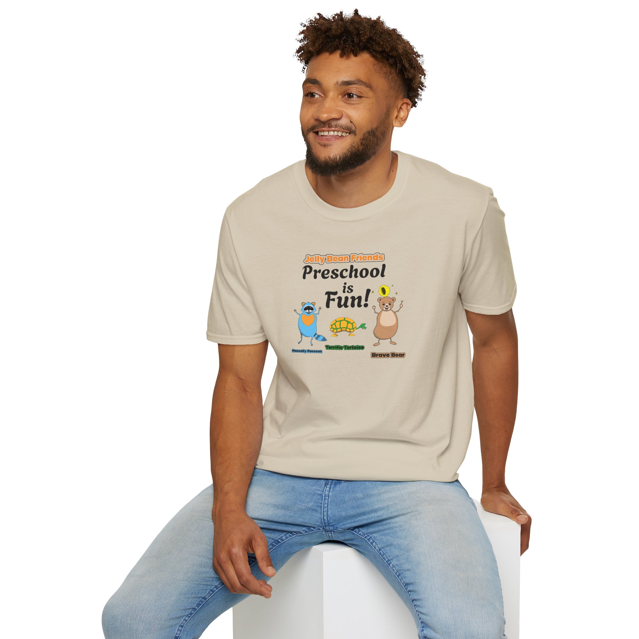 Preschool is Fun! Jelly Bean Friends - Rascally Raccoon, Terrific Tortoise & Brave Bear - Unisex Softstyle T-Shirt - Image 18