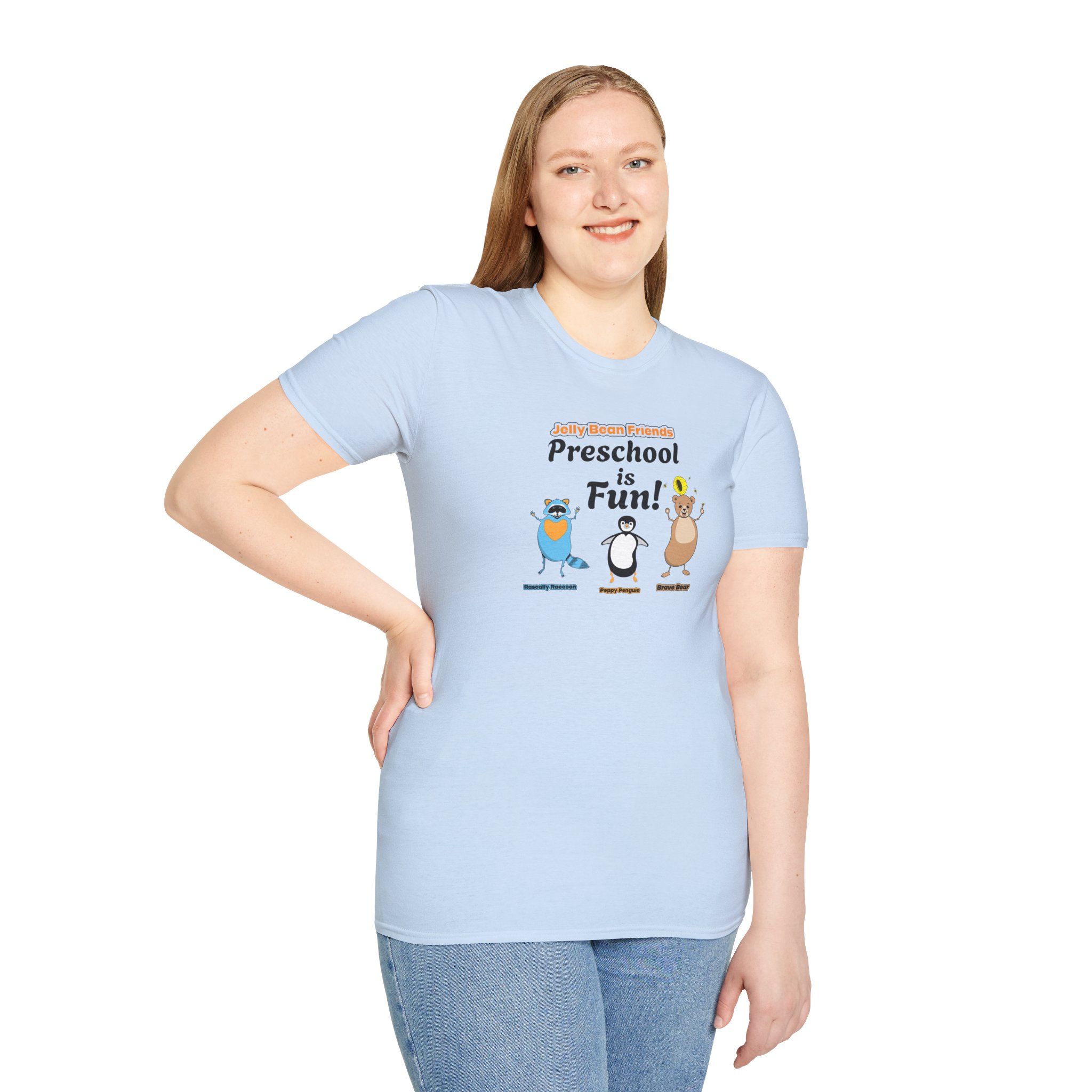 Preschool is Fun! Jelly Bean Friends - Rascally Raccoon, Peppy Penguin & Brave Bear - Unisex Softstyle T-Shirt - Image 70