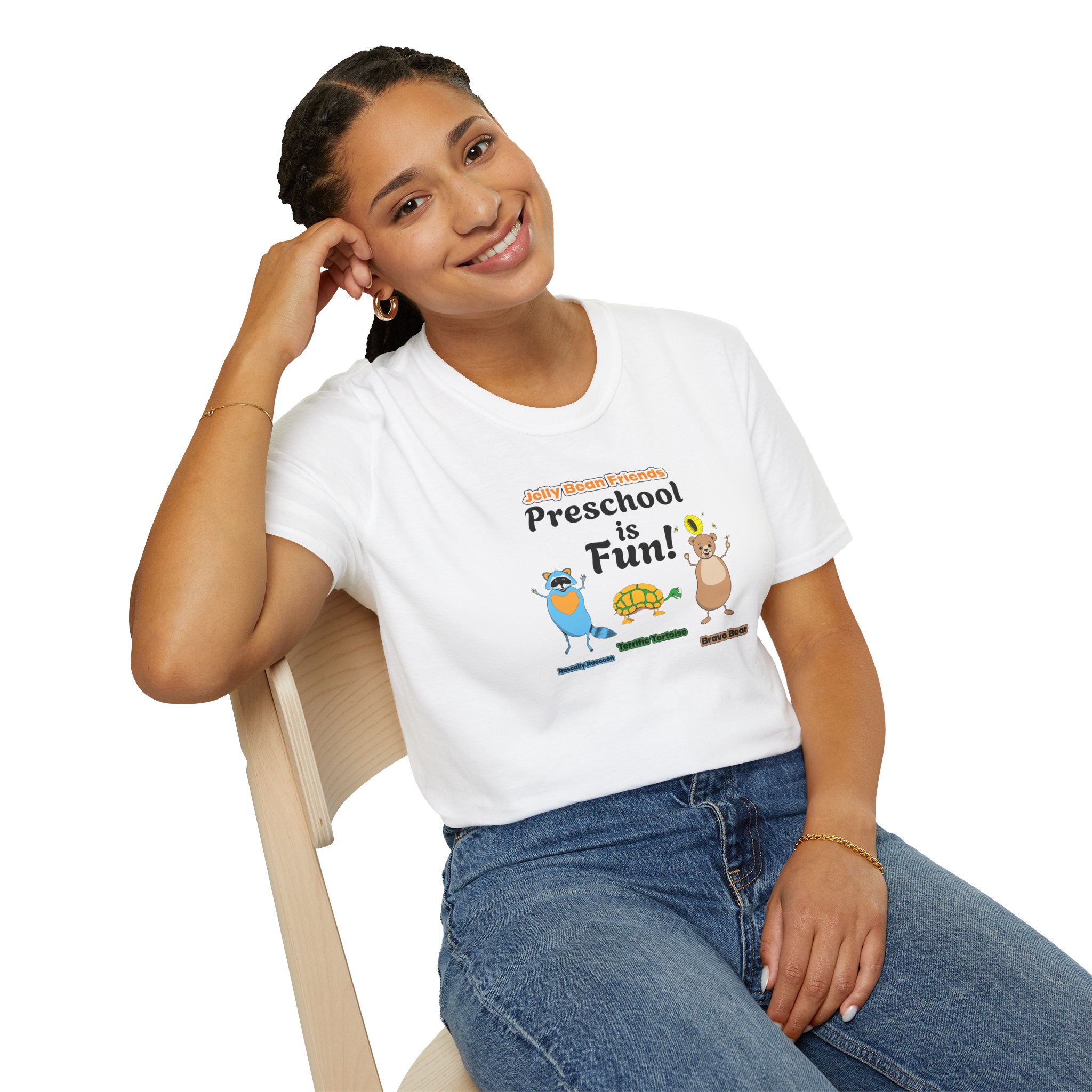 Preschool is Fun! Jelly Bean Friends - Rascally Raccoon, Terrific Tortoise & Brave Bear - Unisex Softstyle T-Shirt - Image 8