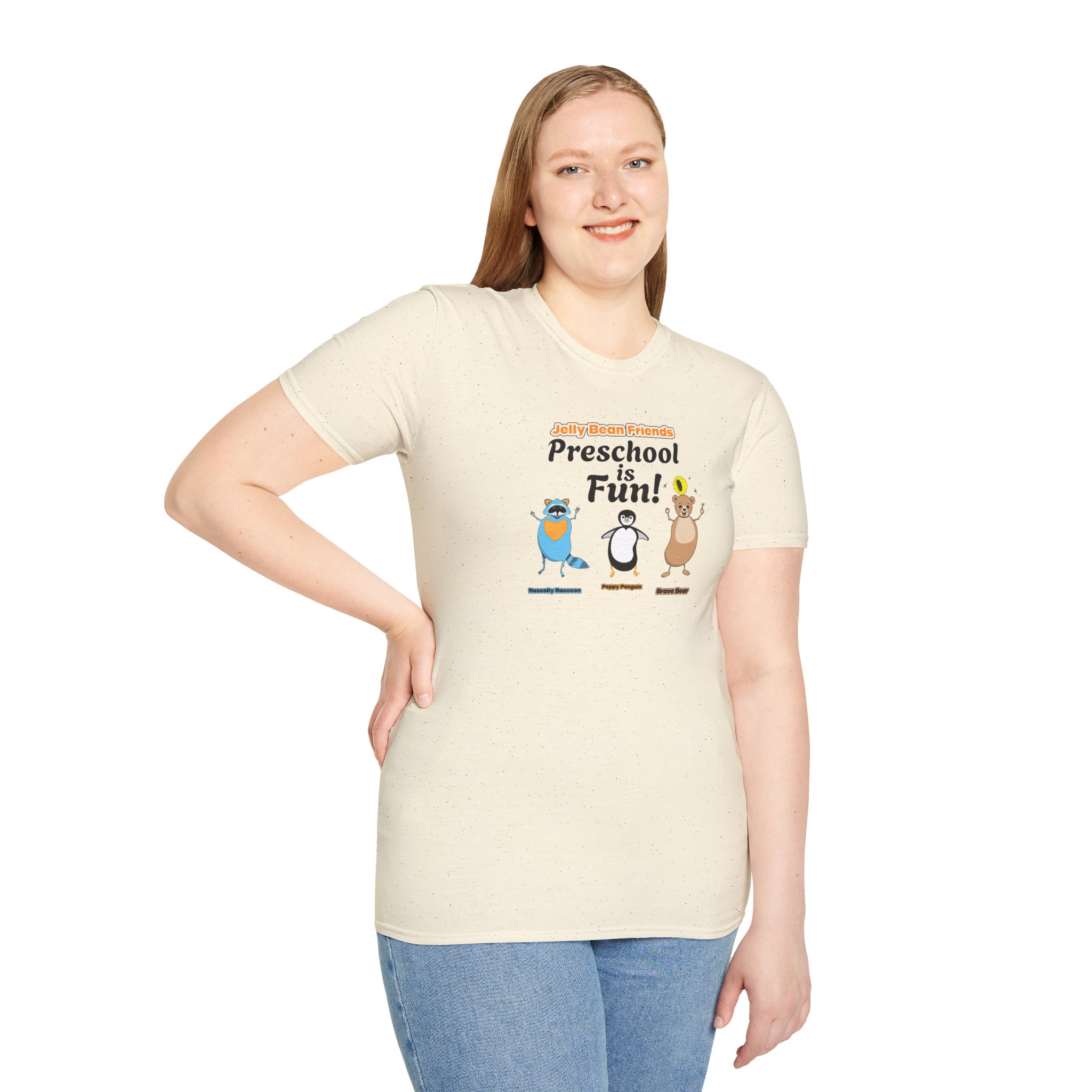 Preschool is Fun! Jelly Bean Friends - Rascally Raccoon, Peppy Penguin & Brave Bear - Unisex Softstyle T-Shirt - Image 34