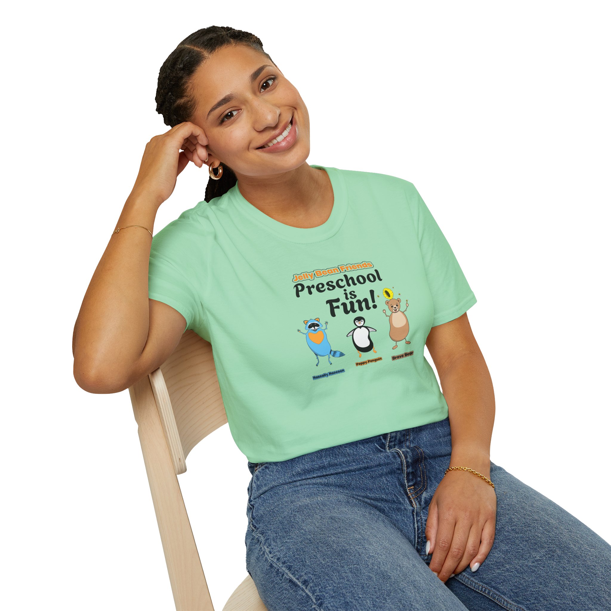 Preschool is Fun! Jelly Bean Friends - Rascally Raccoon, Peppy Penguin & Brave Bear - Unisex Softstyle T-Shirt - Image 53