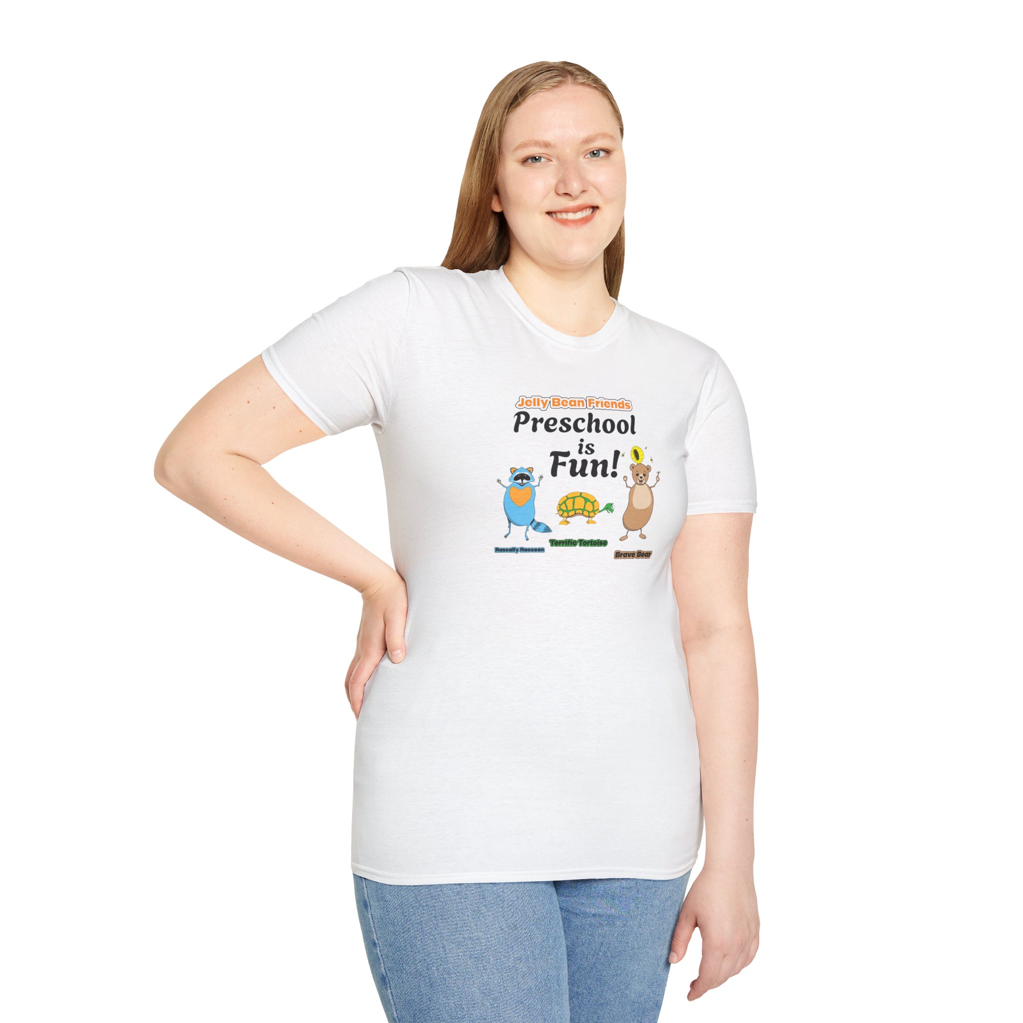 Preschool is Fun! Jelly Bean Friends - Rascally Raccoon, Terrific Tortoise & Brave Bear - Unisex Softstyle T-Shirt - Image 7