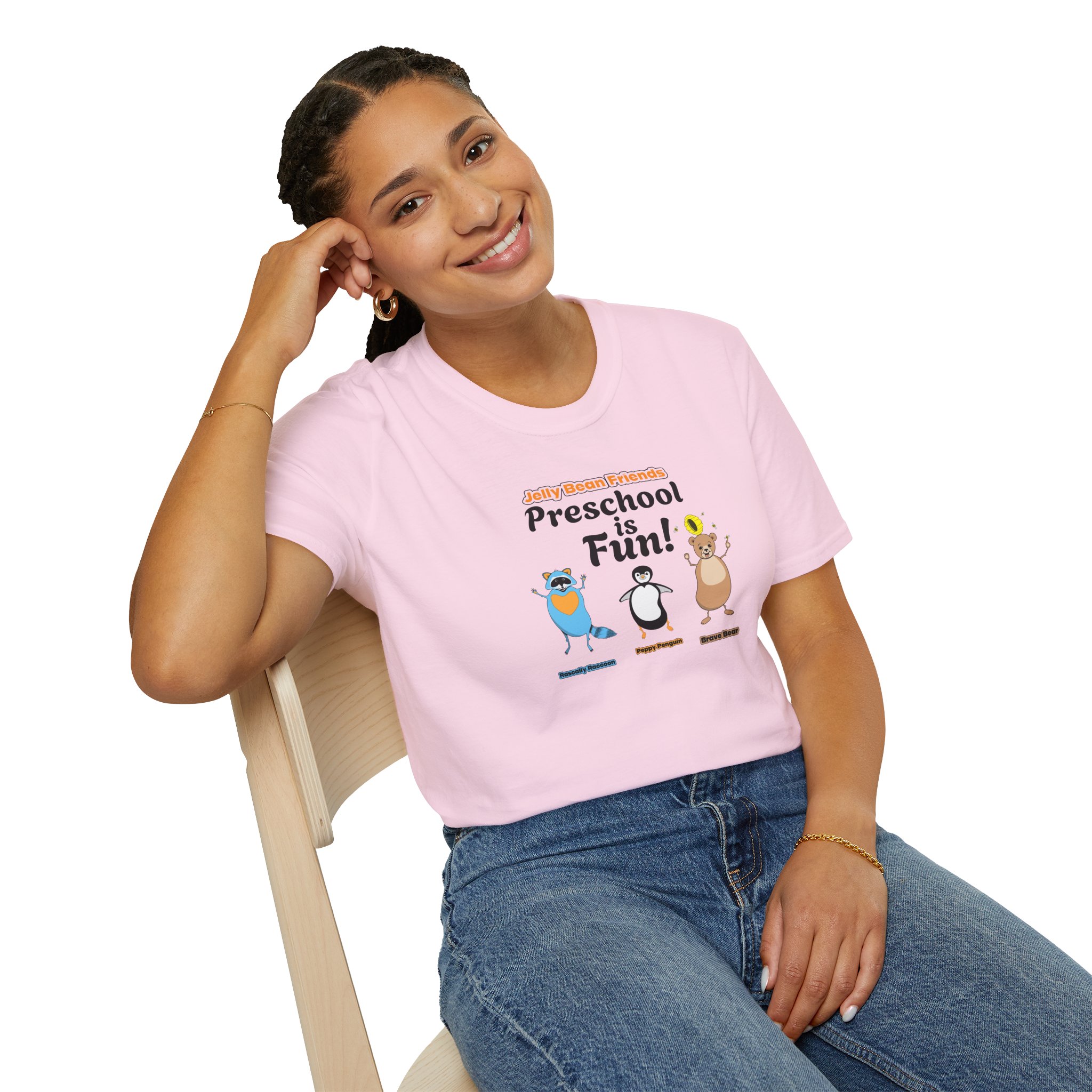 Preschool is Fun! Jelly Bean Friends - Rascally Raccoon, Peppy Penguin & Brave Bear - Unisex Softstyle T-Shirt - Image 80