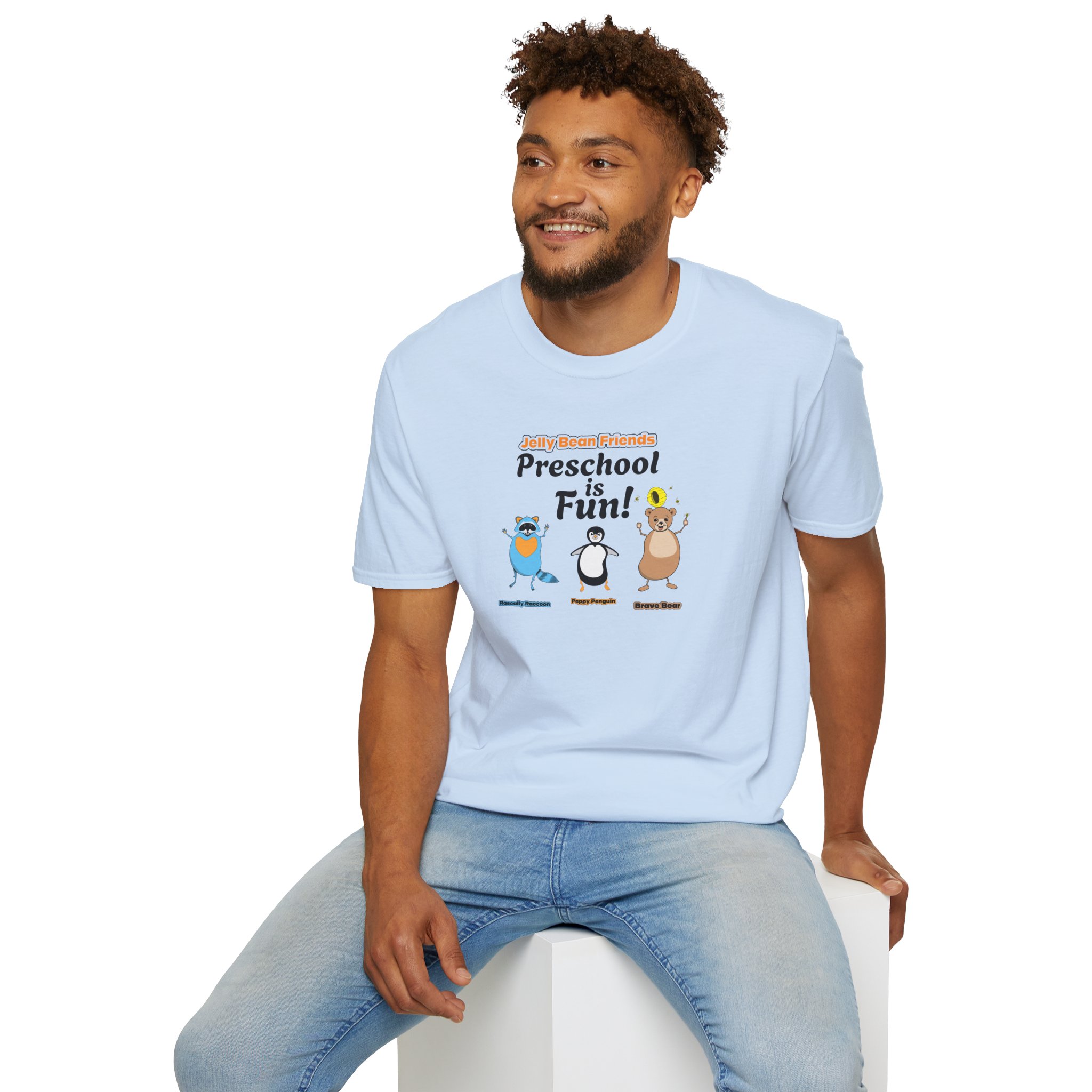 Preschool is Fun! Jelly Bean Friends - Rascally Raccoon, Peppy Penguin & Brave Bear - Unisex Softstyle T-Shirt - Image 72