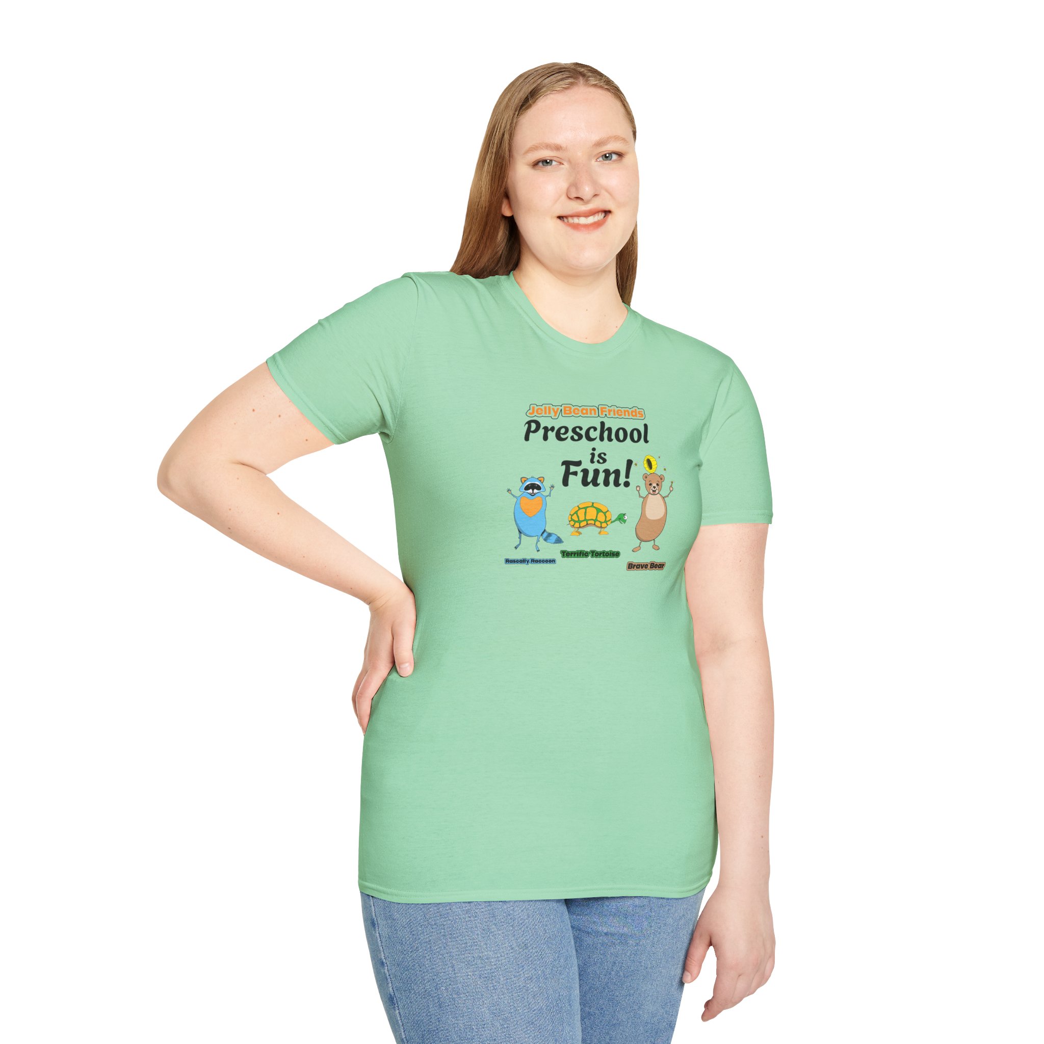 Preschool is Fun! Jelly Bean Friends - Rascally Raccoon, Terrific Tortoise & Brave Bear - Unisex Softstyle T-Shirt - Image 52