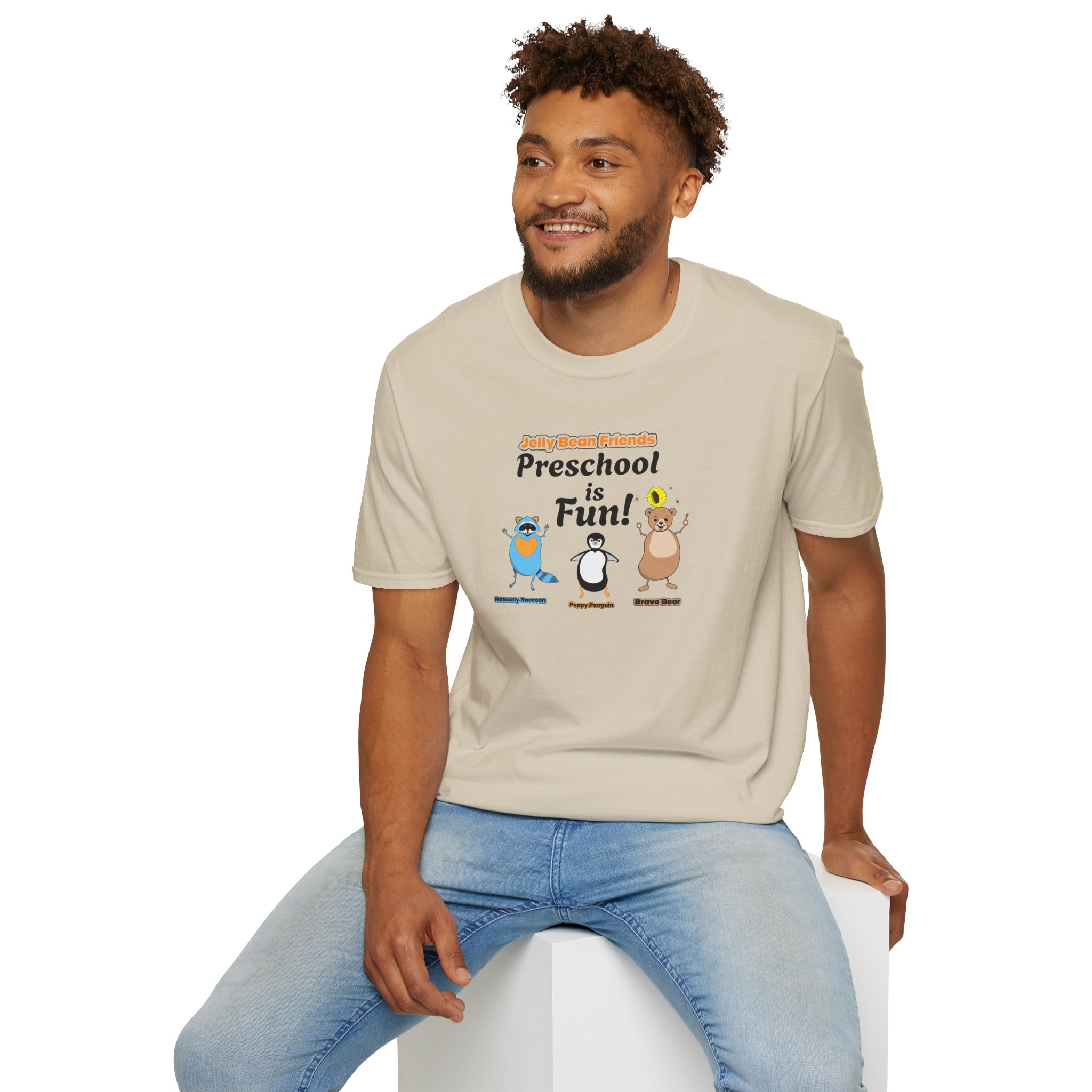 Preschool is Fun! Jelly Bean Friends - Rascally Raccoon, Peppy Penguin & Brave Bear - Unisex Softstyle T-Shirt - Image 18