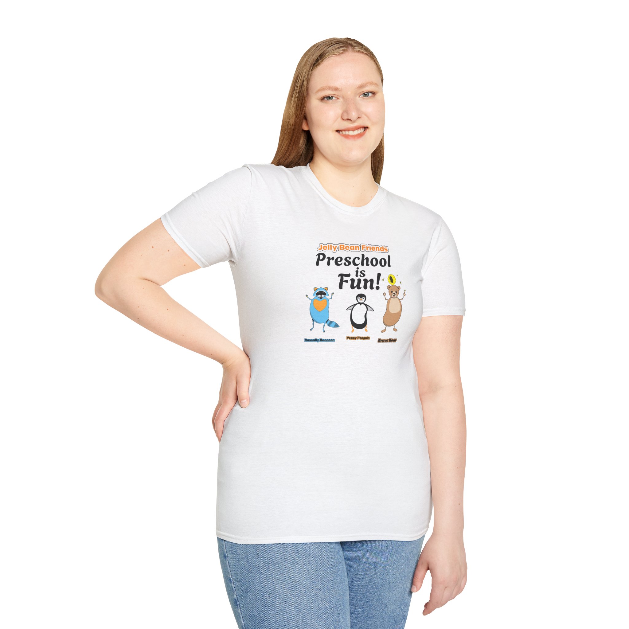Preschool is Fun! Jelly Bean Friends - Rascally Raccoon, Peppy Penguin & Brave Bear - Unisex Softstyle T-Shirt - Image 7