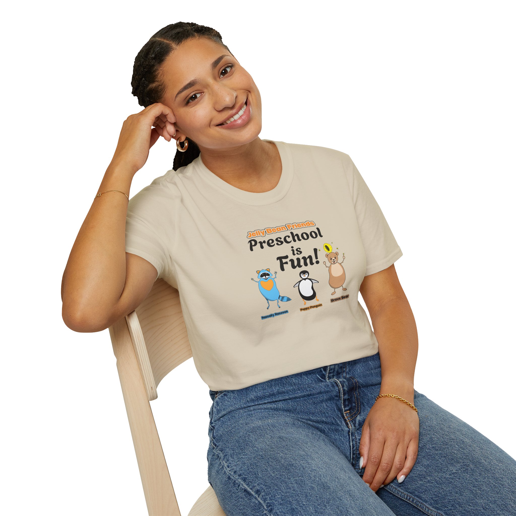 Preschool is Fun! Jelly Bean Friends - Rascally Raccoon, Peppy Penguin & Brave Bear - Unisex Softstyle T-Shirt - Image 17