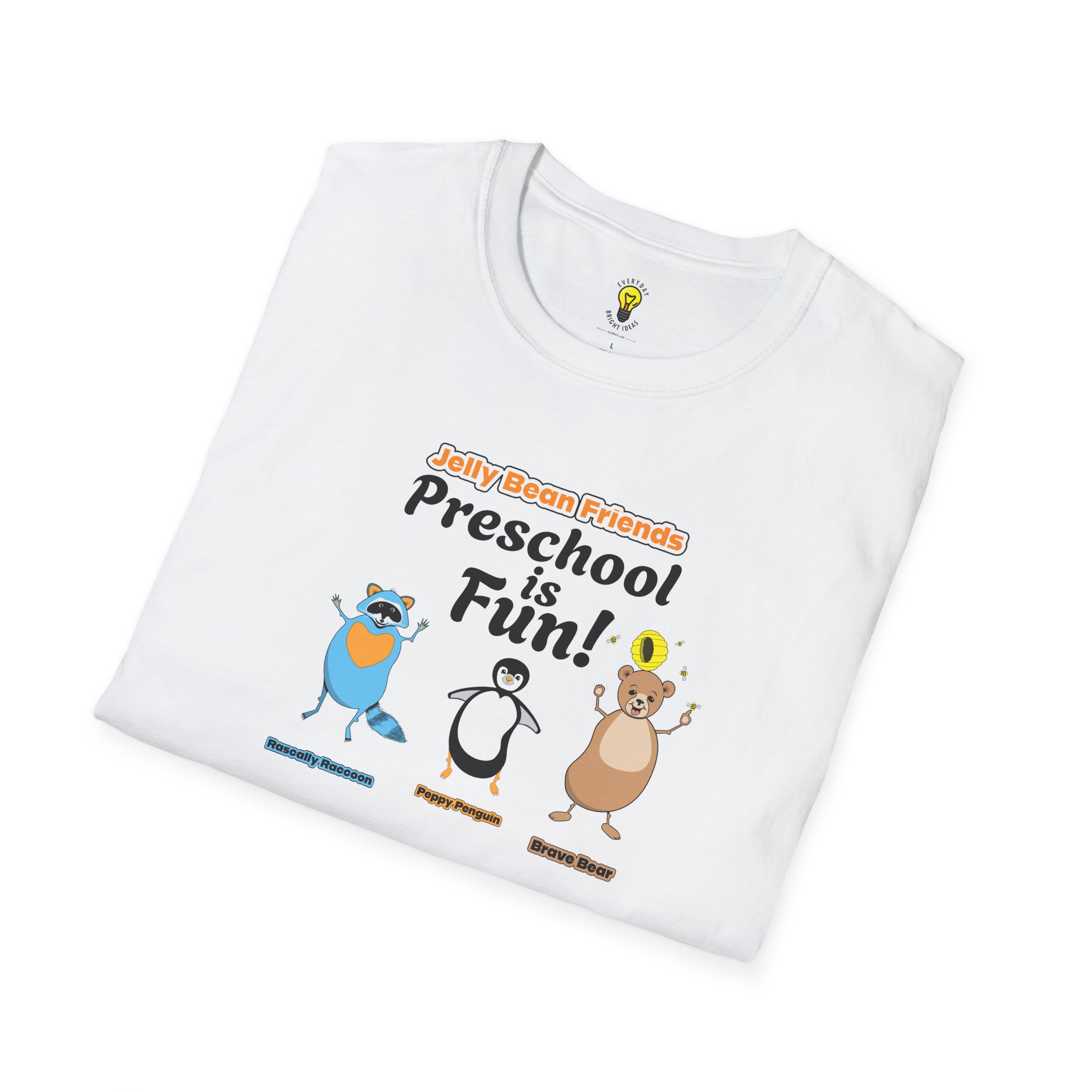Preschool is Fun! Jelly Bean Friends - Rascally Raccoon, Peppy Penguin & Brave Bear - Unisex Softstyle T-Shirt - Image 4