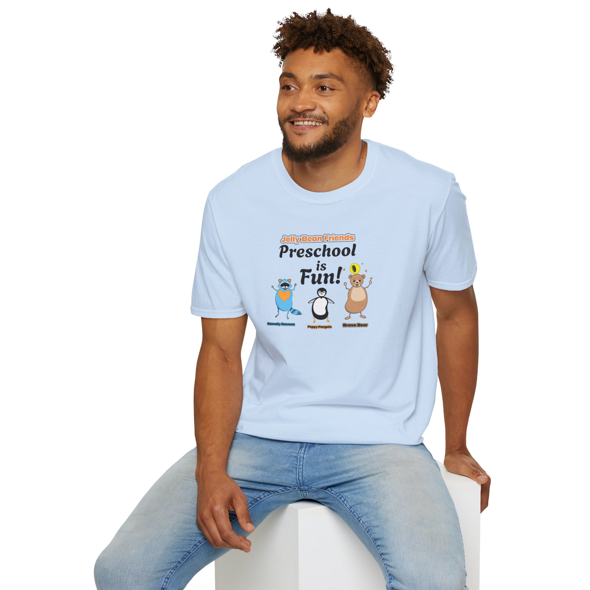 Preschool is Fun! Jelly Bean Friends - Rascally Raccoon, Peppy Penguin & Brave Bear - Unisex Softstyle T-Shirt - Image 72