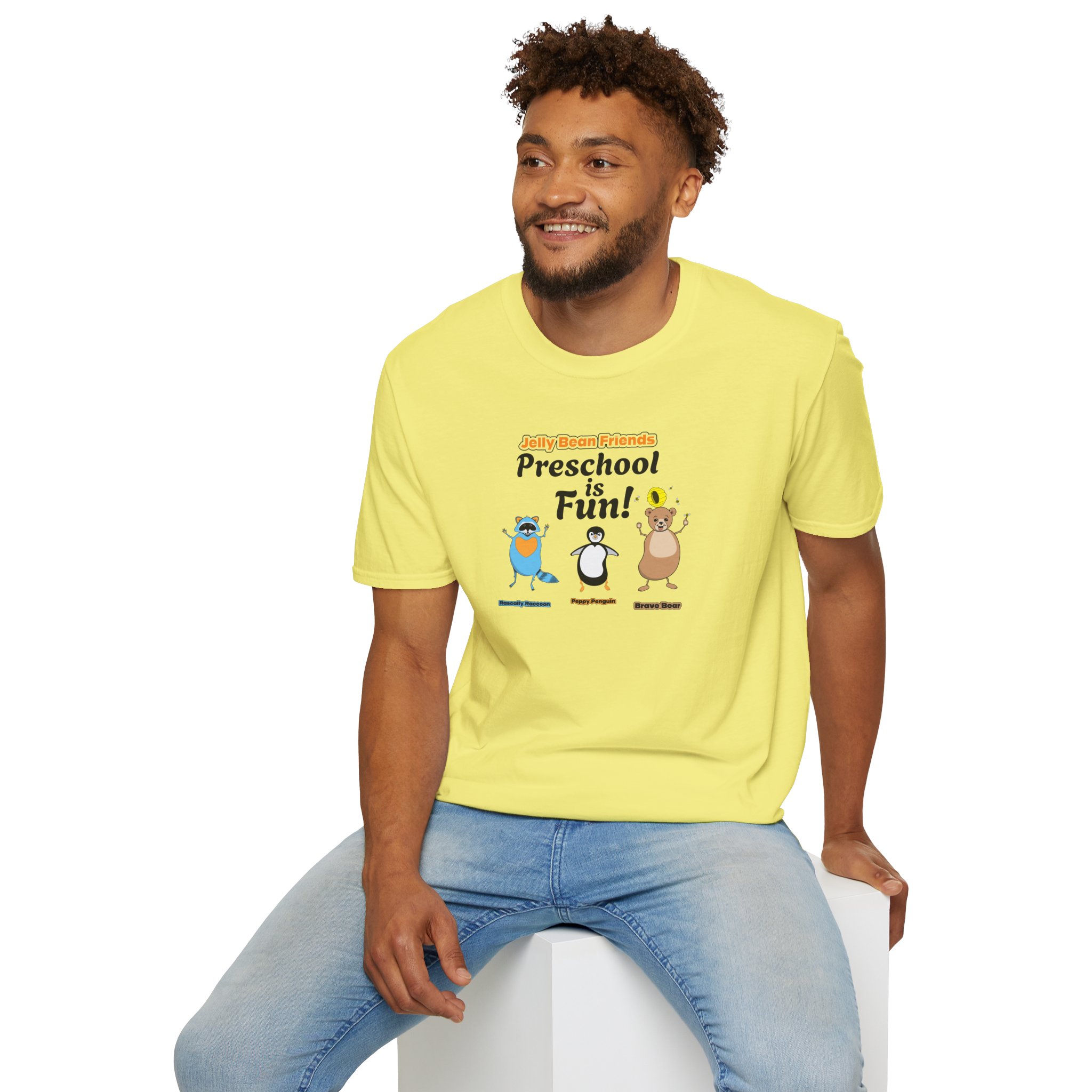 Preschool is Fun! Jelly Bean Friends - Rascally Raccoon, Peppy Penguin & Brave Bear - Unisex Softstyle T-Shirt - Image 45