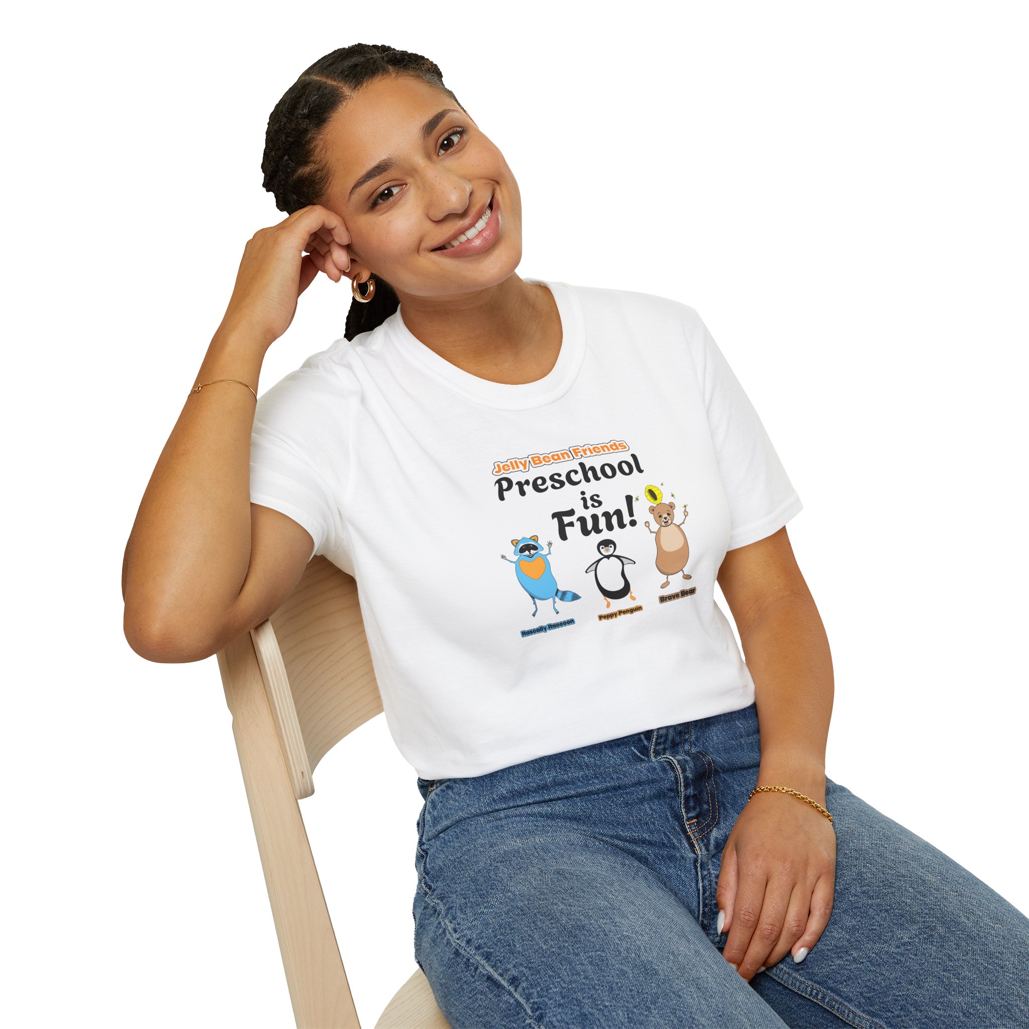 Preschool is Fun! Jelly Bean Friends - Rascally Raccoon, Peppy Penguin & Brave Bear - Unisex Softstyle T-Shirt - Image 8