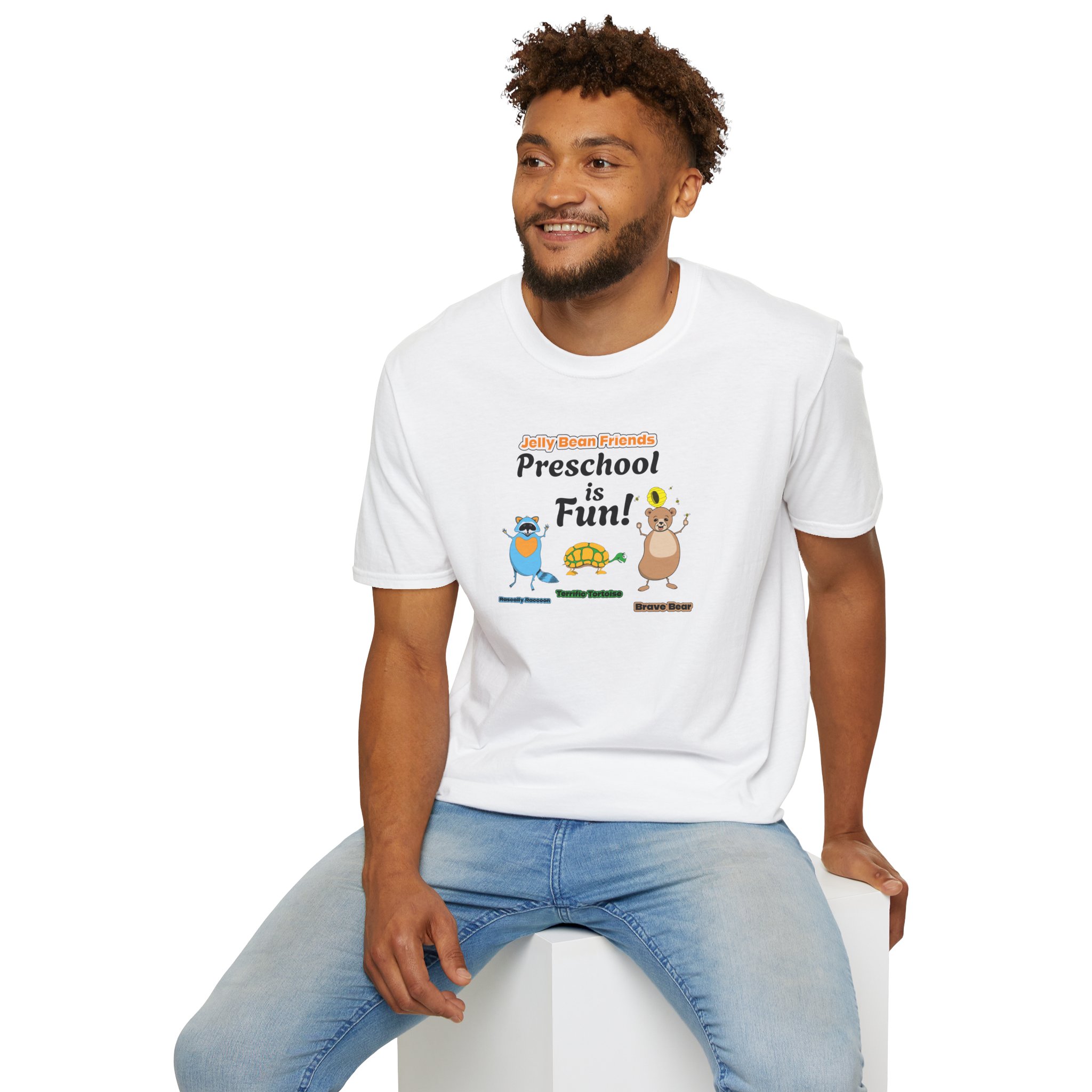 Preschool is Fun! Jelly Bean Friends - Rascally Raccoon, Terrific Tortoise & Brave Bear - Unisex Softstyle T-Shirt - Image 9