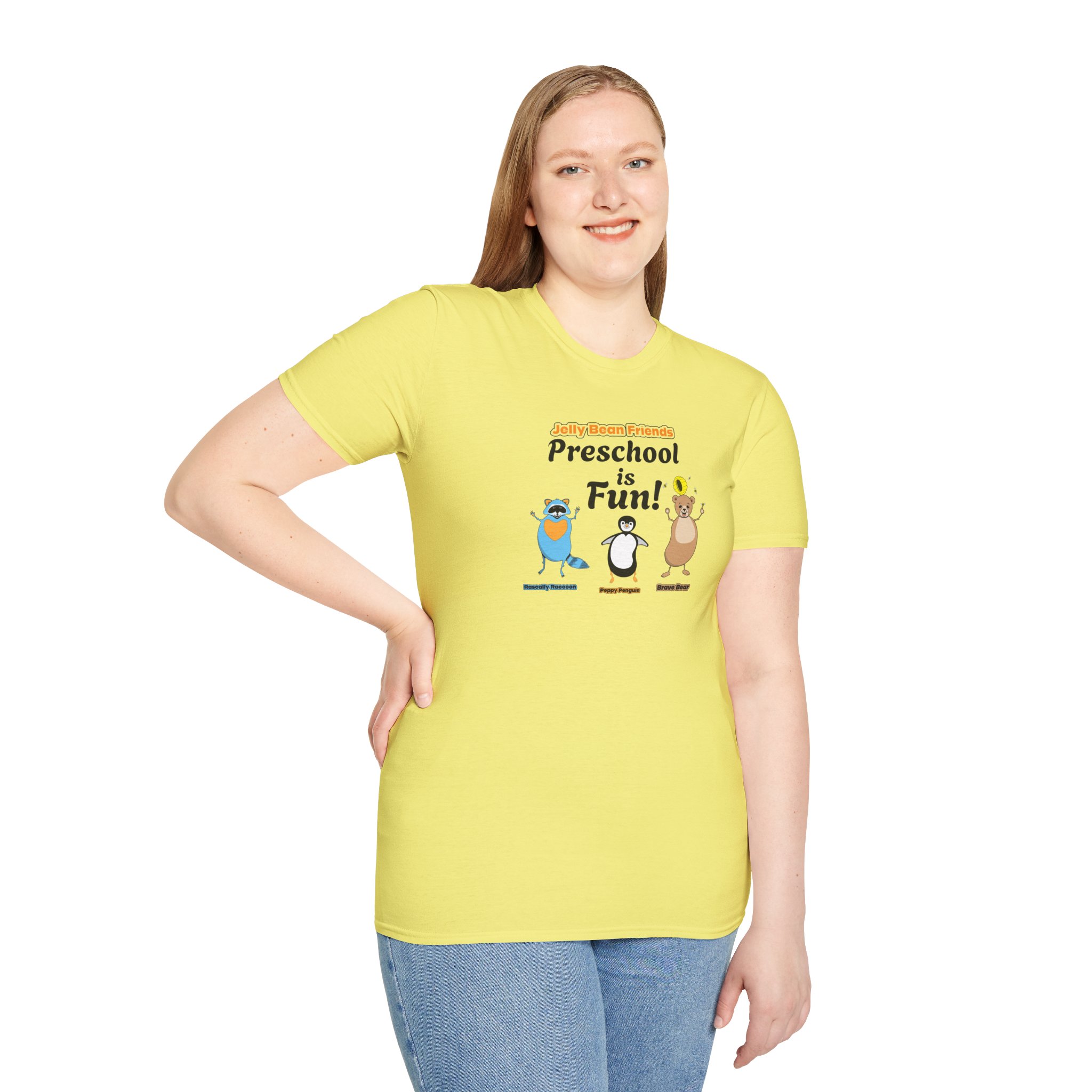 Preschool is Fun! Jelly Bean Friends - Rascally Raccoon, Peppy Penguin & Brave Bear - Unisex Softstyle T-Shirt - Image 43