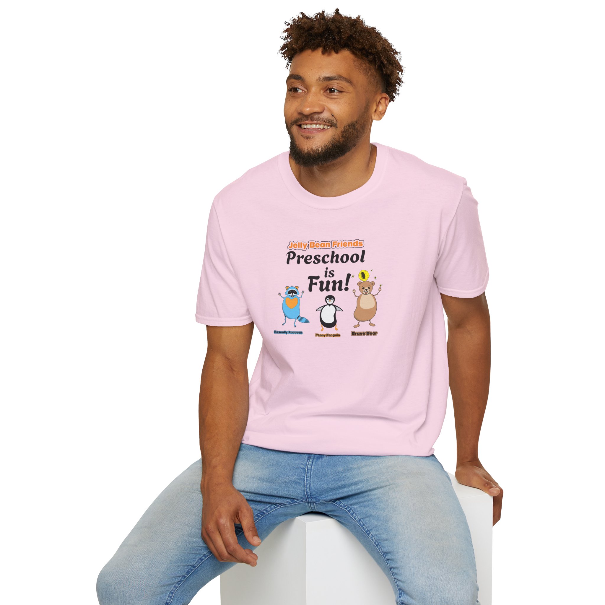 Preschool is Fun! Jelly Bean Friends - Rascally Raccoon, Peppy Penguin & Brave Bear - Unisex Softstyle T-Shirt - Image 81