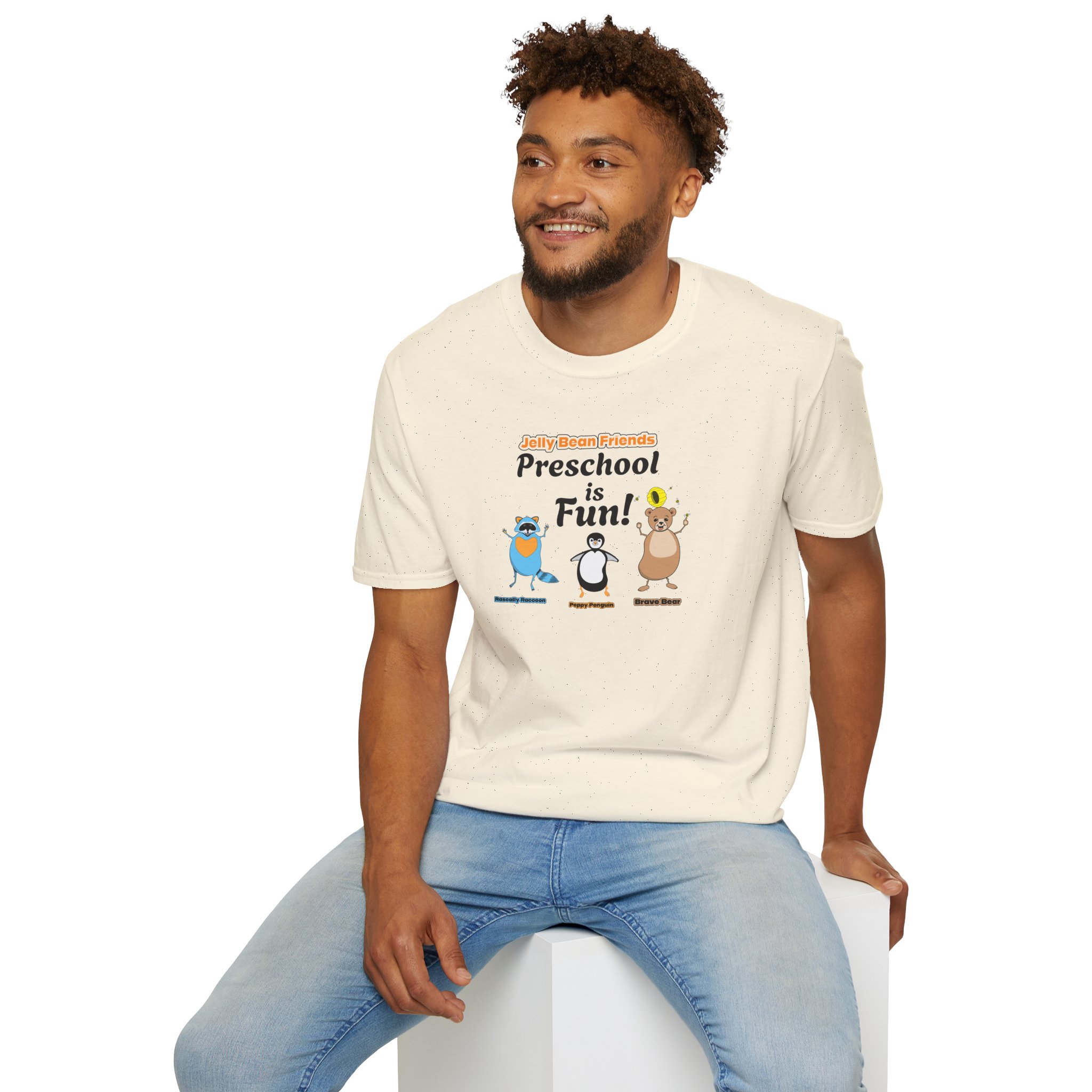 Preschool is Fun! Jelly Bean Friends - Rascally Raccoon, Peppy Penguin & Brave Bear - Unisex Softstyle T-Shirt - Image 36
