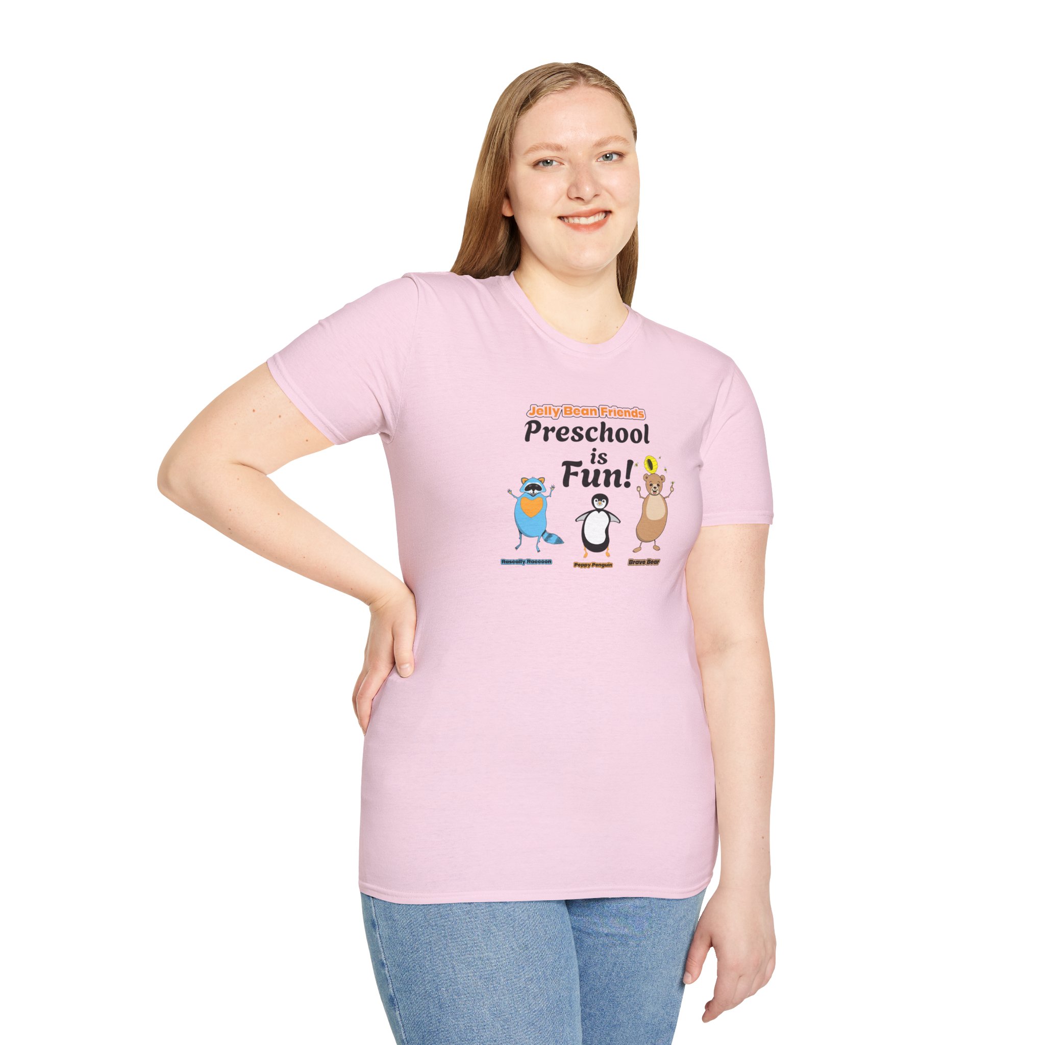 Preschool is Fun! Jelly Bean Friends - Rascally Raccoon, Peppy Penguin & Brave Bear - Unisex Softstyle T-Shirt - Image 79