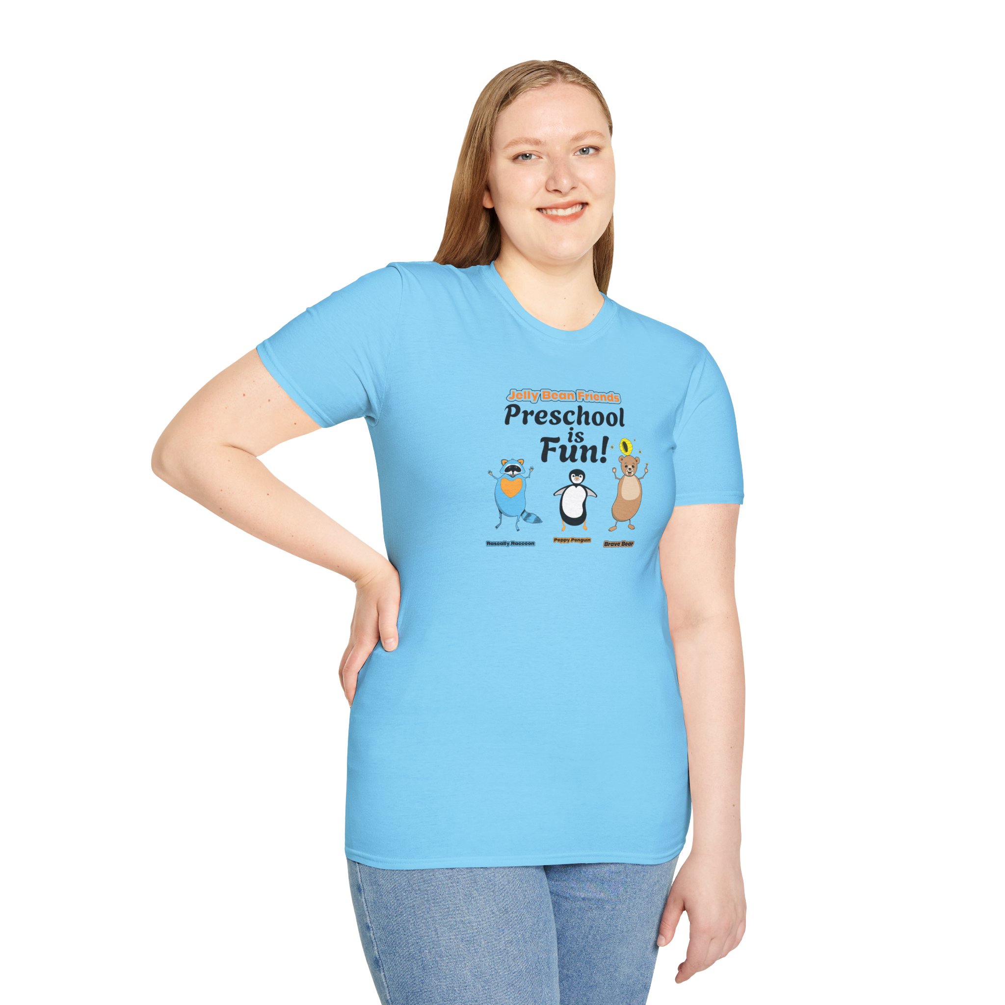 Preschool is Fun! Jelly Bean Friends - Rascally Raccoon, Peppy Penguin & Brave Bear - Unisex Softstyle T-Shirt - Image 61